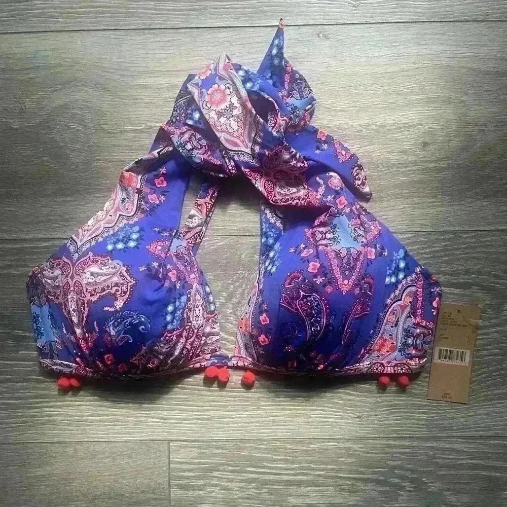 NWT Crémieux Blue Bikini Top Red Tassels Paisley Print Halter Style Size L